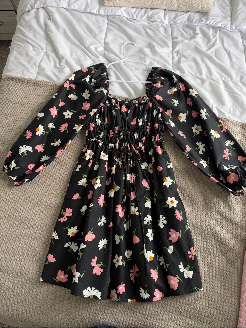 kate spade Black Floral Smocked Midi Dress with Pink & White Blooms